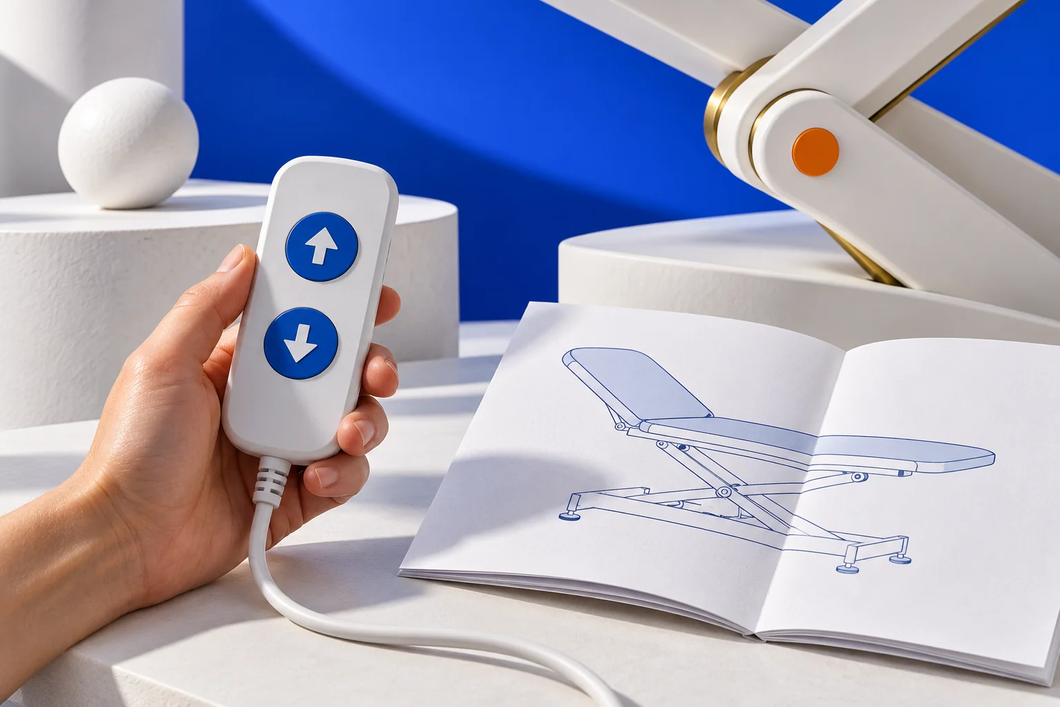 Conceptual illustration of a hand holding a white wired controller with blue up-and-down arrows, beside an open manual showing an adjustable couch and an abstract hinge.
